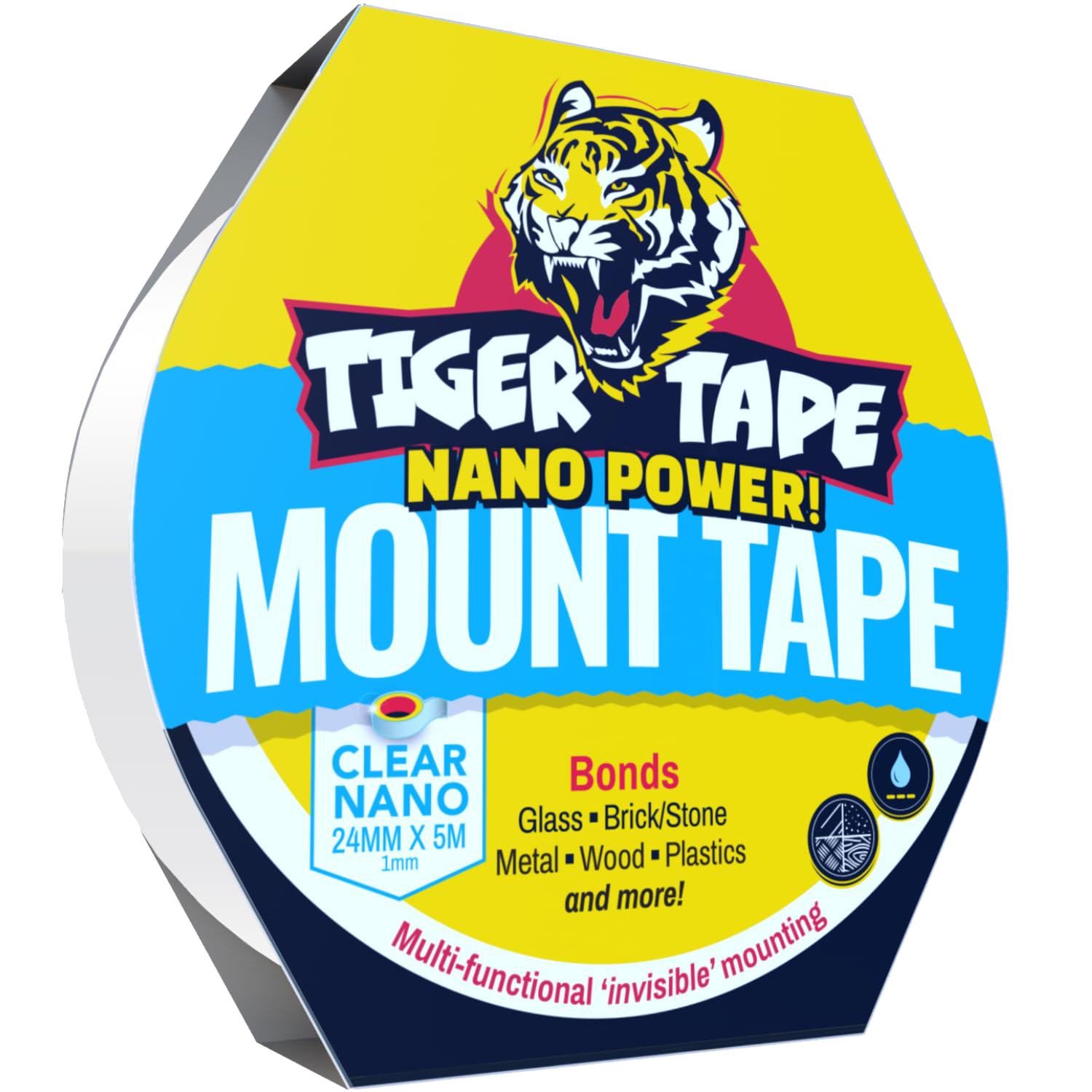 Roll of Tiger Tape Nano Power Mount Tape, with a yellow, blue, and black label featuring a tiger head logo, indicating it is clear nano tape measuring 24mm by 5 meters, suitable for bonding glass, brick, stone, metal, wood, plastics, and more, with multi-functional invisible mounting.