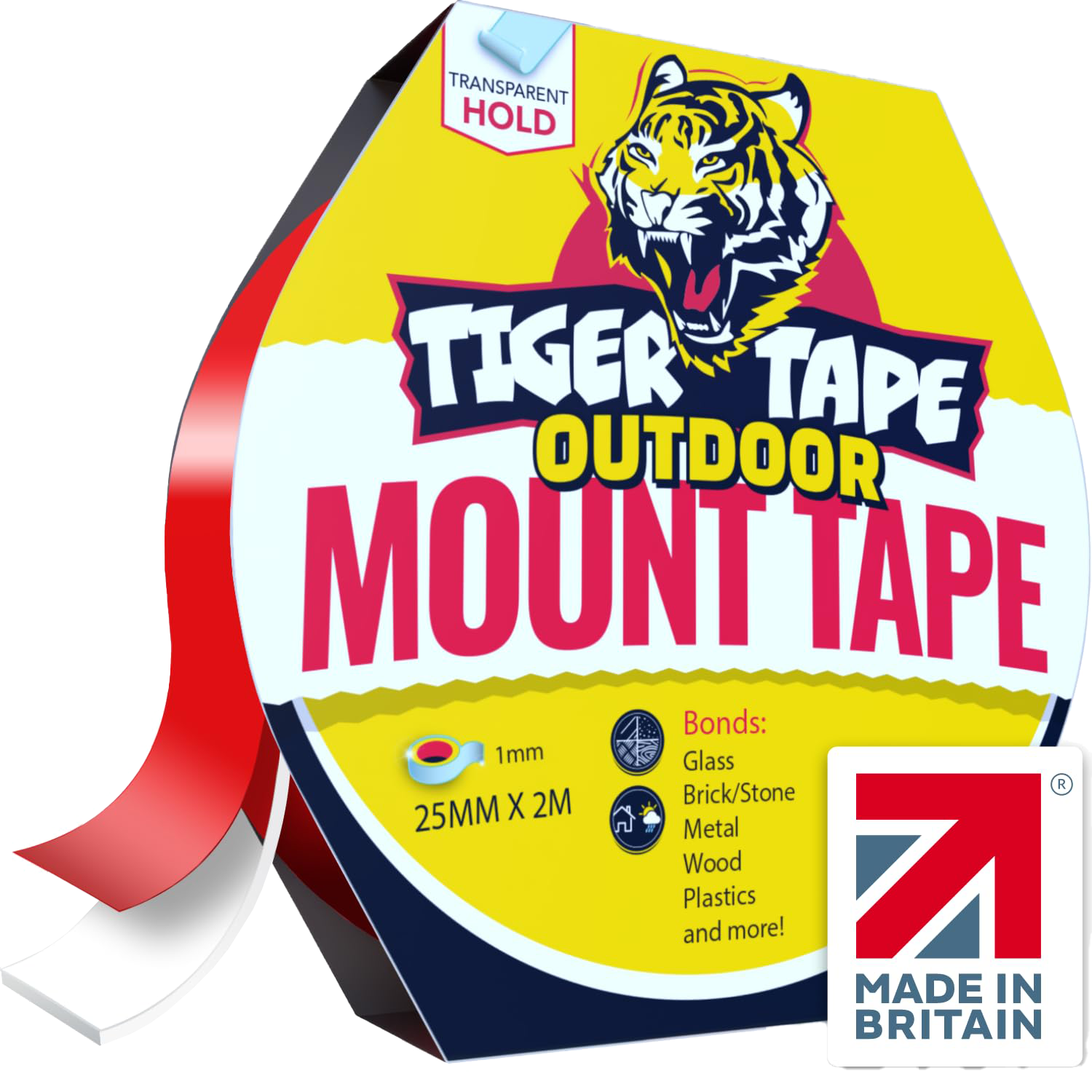 Roll of outdoor mount tape with tiger logo, featuring a roaring tiger head on yellow background. The label indicates 1mm thickness, 25mm width, 2 meters length, and bonds to glass, brick, stone, metal, wood, plastics, and more. "Made in Britain" is displayed on the bottom right.