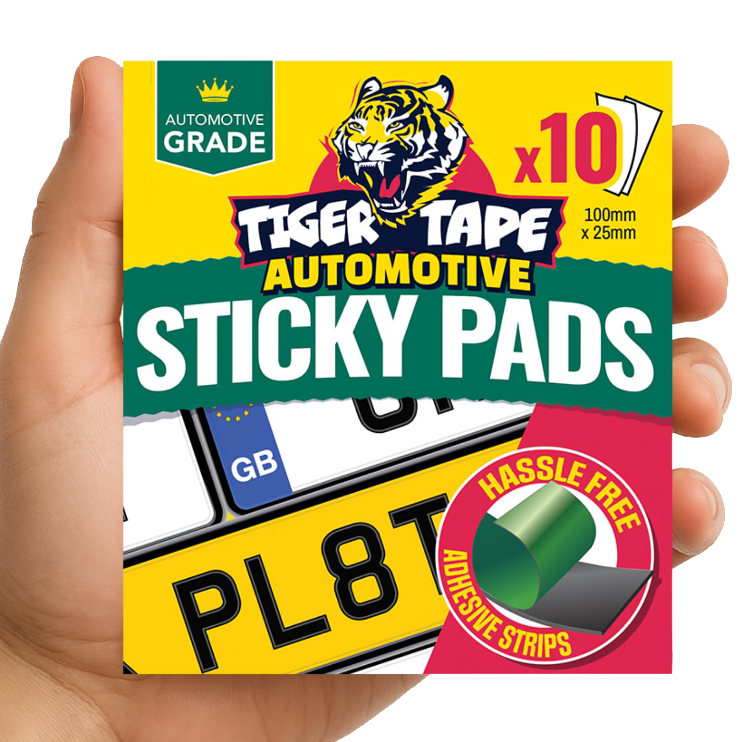 Package of Tiger Tape Automotive Sticky Pads with 10 adhesive strips, 100mm by 25mm, featuring a tiger logo, a license plate, and a green adhesive roll illustration.