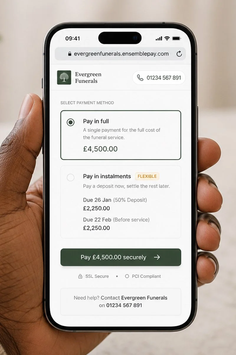 A person holding a smartphone displaying a funeral service payment page from Evergreen Funerals, showing options to pay in full or in installments for a cost of £4,500.