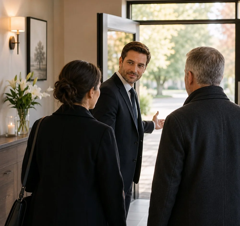 A man in a suit greeting a woman and a man at the entrance of a building with open door, near a floral arrangement and picture frames on the wall.