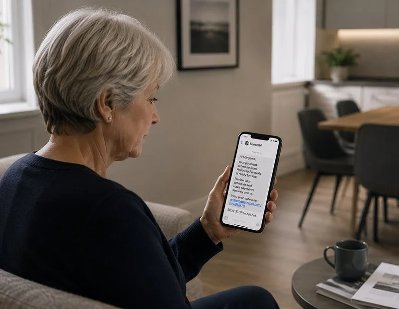 Older woman sitting on a beige couch, looking at her smartphone. The phone screen displays a text message about bill payment details. The room has a dining area with chairs, a table, a window, and some framed pictures on the wall.
