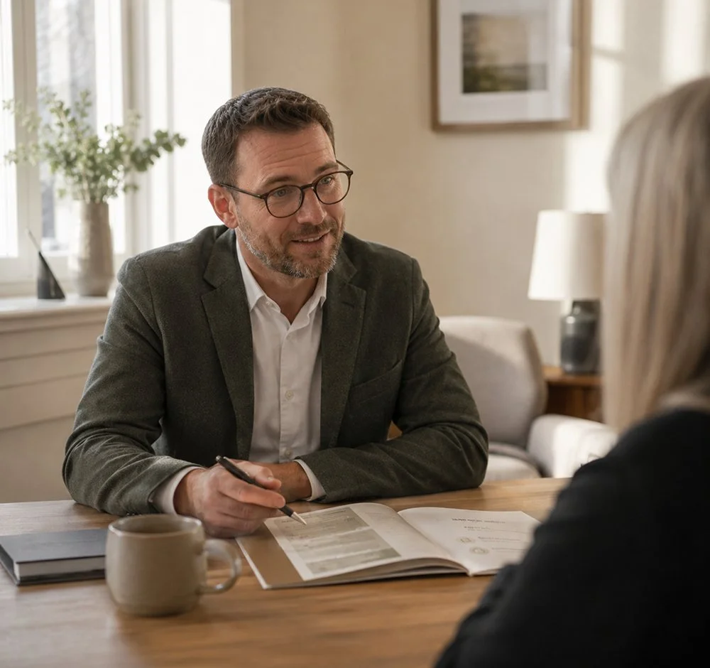Man sitting at table talking to woman.jpg