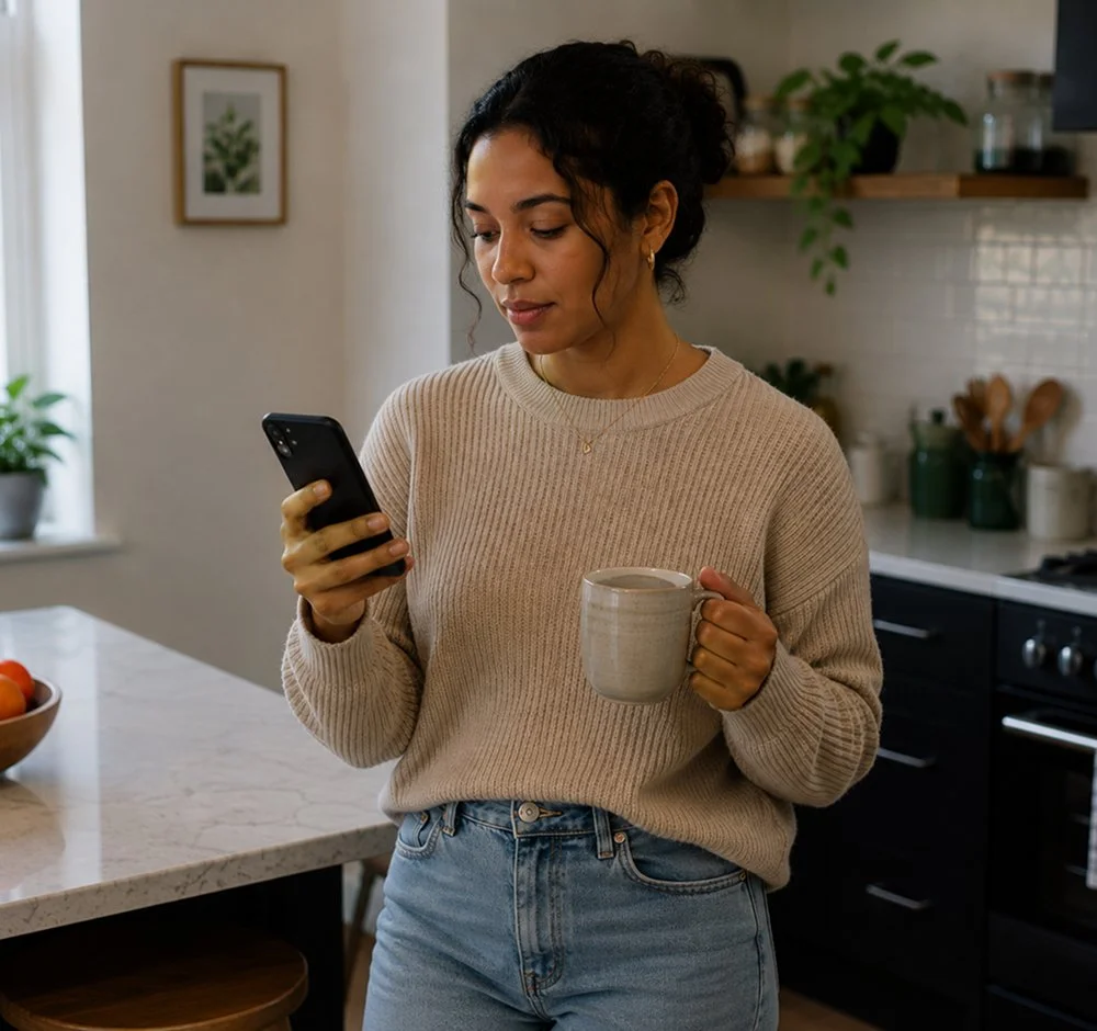 Woman standing holding a coffee cup looking at her phone.jpg