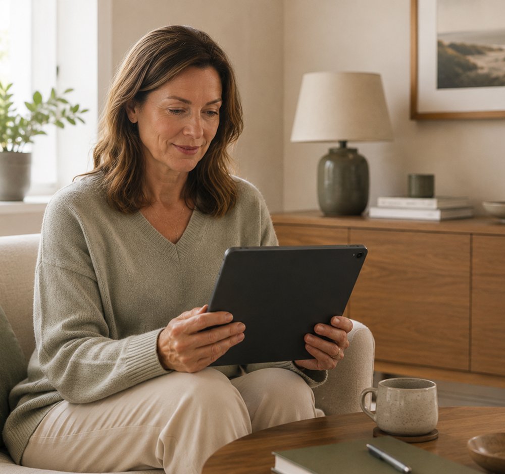 A middle-aged woman sitting on a beige sofa, looking at a tablet in a cozy living room with a wooden sideboard, a table lamp, a framed landscape photo, and a cup on the table.