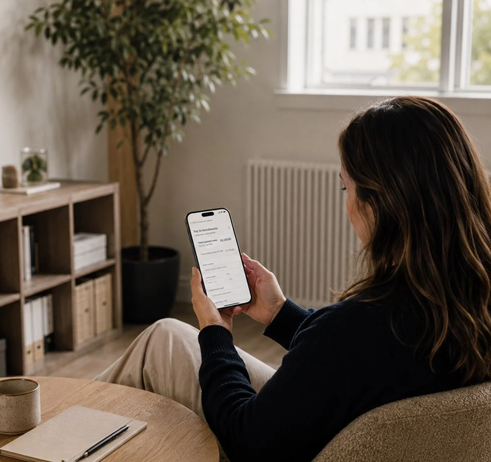 Woman sitting in armchair looking at mobile phone.jpg