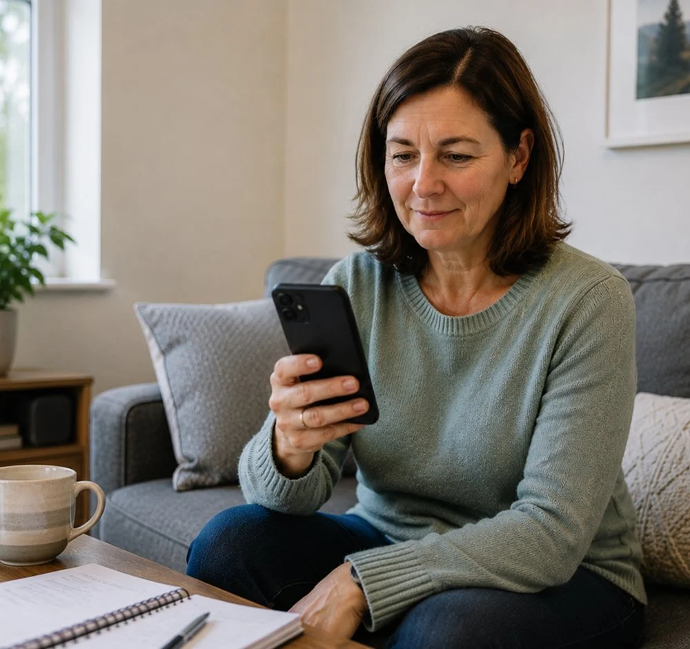 Woman sitting on a sofa looking at her mobile phone.jpg