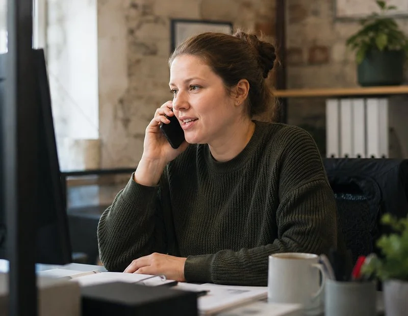 Woman sitting at desk speaking on a mobile phone.jpg