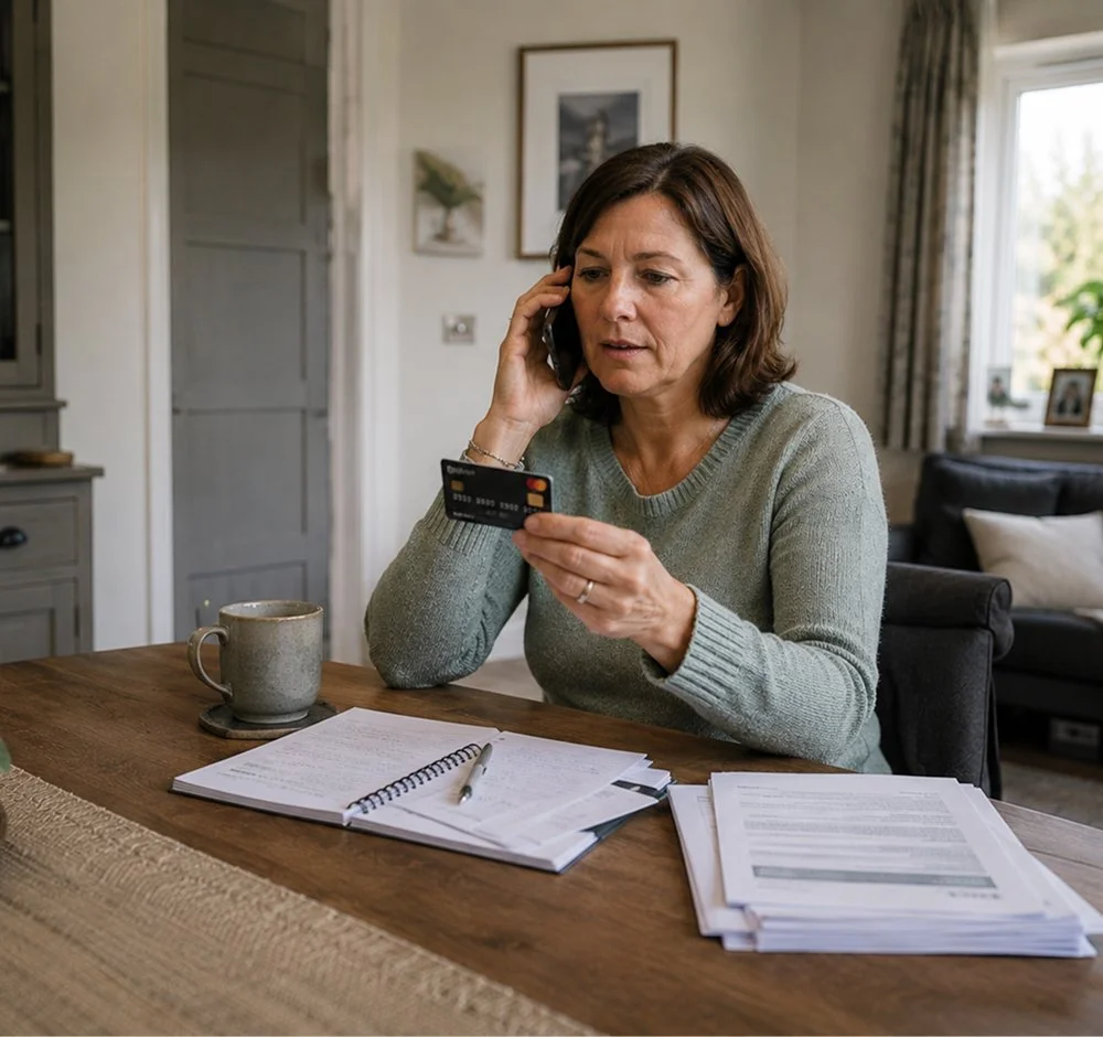 A woman sitting at a wooden table, holding a credit card in one hand and speaking on a phone with the other. There are papers, a pen, and a mug on the table in a cozy, well-lit room with framed pictures on the wall and a window with curtains in the background.
