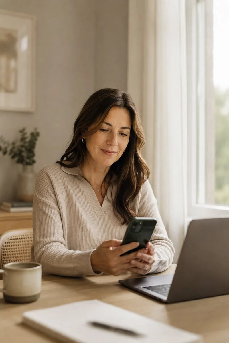 Woman sitting at a desk using her smartphone with a laptop and coffee mug nearby in a well-lit room.