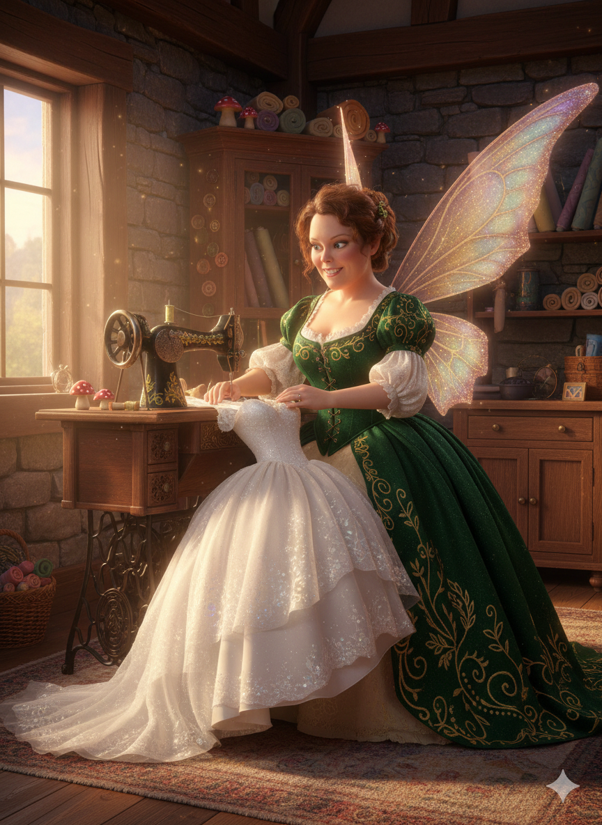 A fairy woman with butterfly wings sewing a white wedding dress on a vintage sewing machine in a cozy, sunlit craft room with shelves of fabric and books.