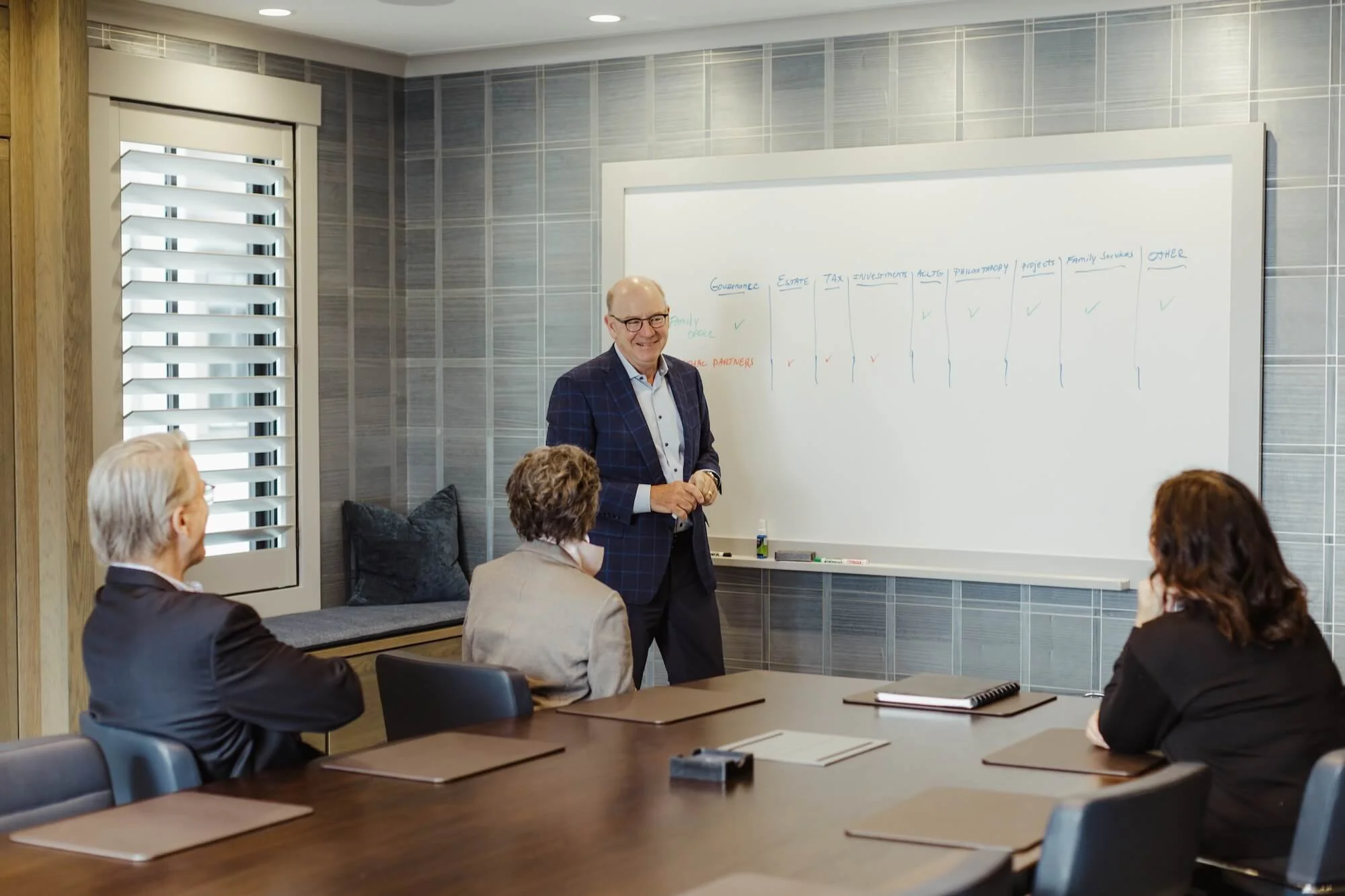 Bill Boer meets with clients in the conference room, explaining a family office.