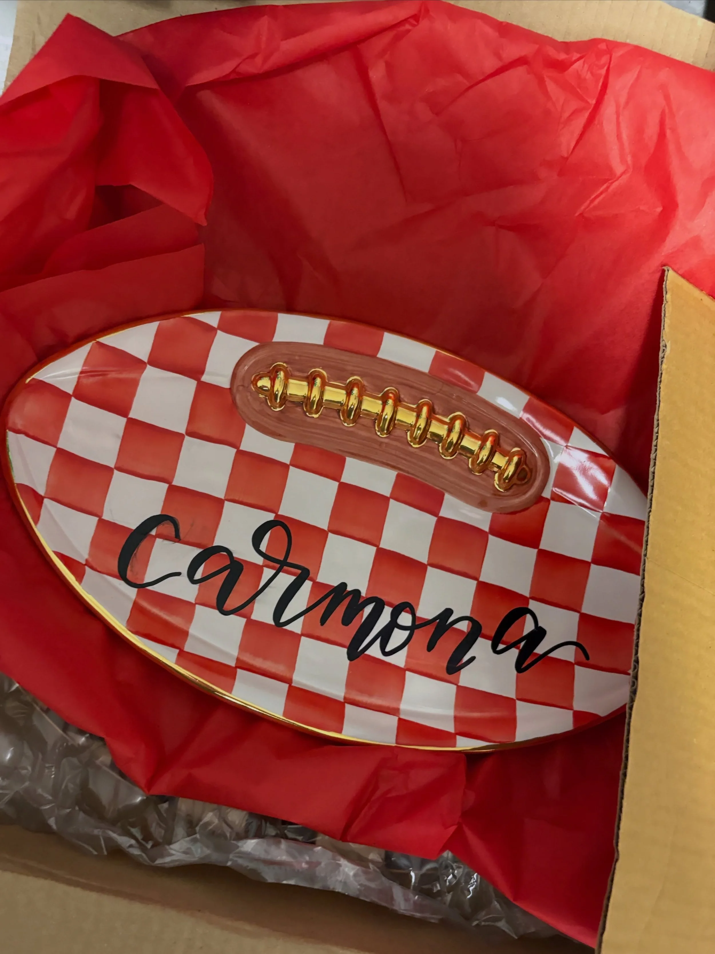 These custom Mackenzie Childs football platters are perfect for football season! They are so cute to display but you can also use them as serving ware! You can grab one for yourself or for your friends by messaging me or checking out my website! 🏈🏟