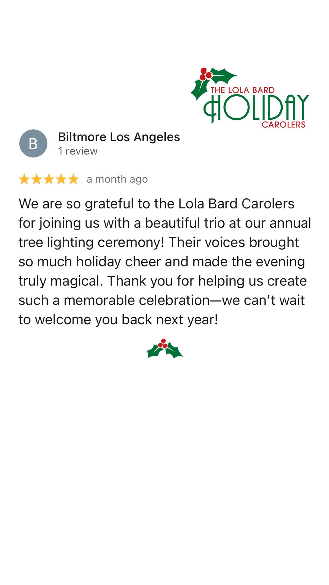 Lola Bard Holiday Entertainment google review holiday tree lighting