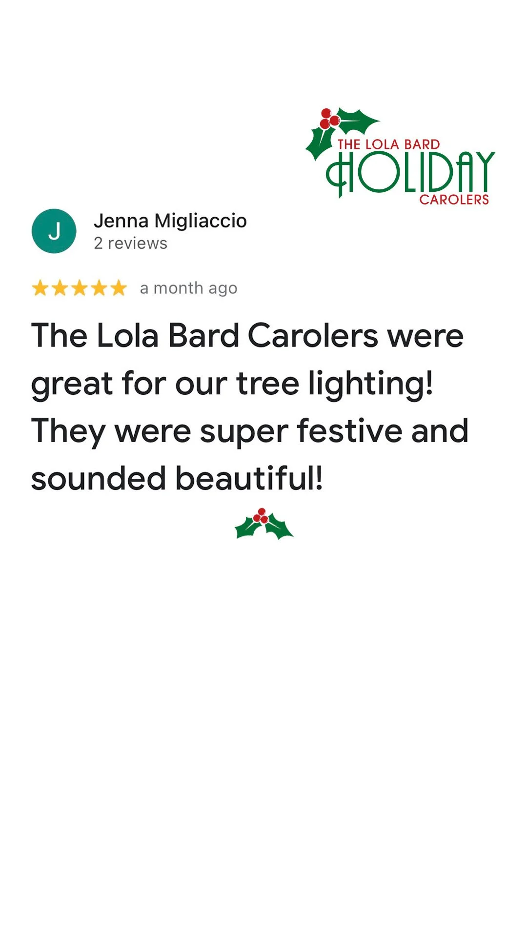 Lola Bard Holiday Entertainment google review party