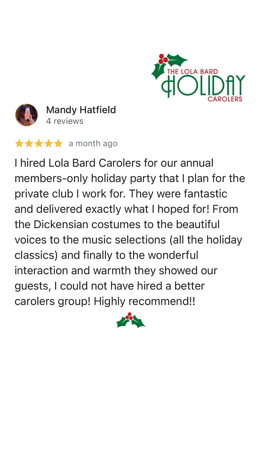Lola Bard Holiday Entertainment google review holiday party for members of club