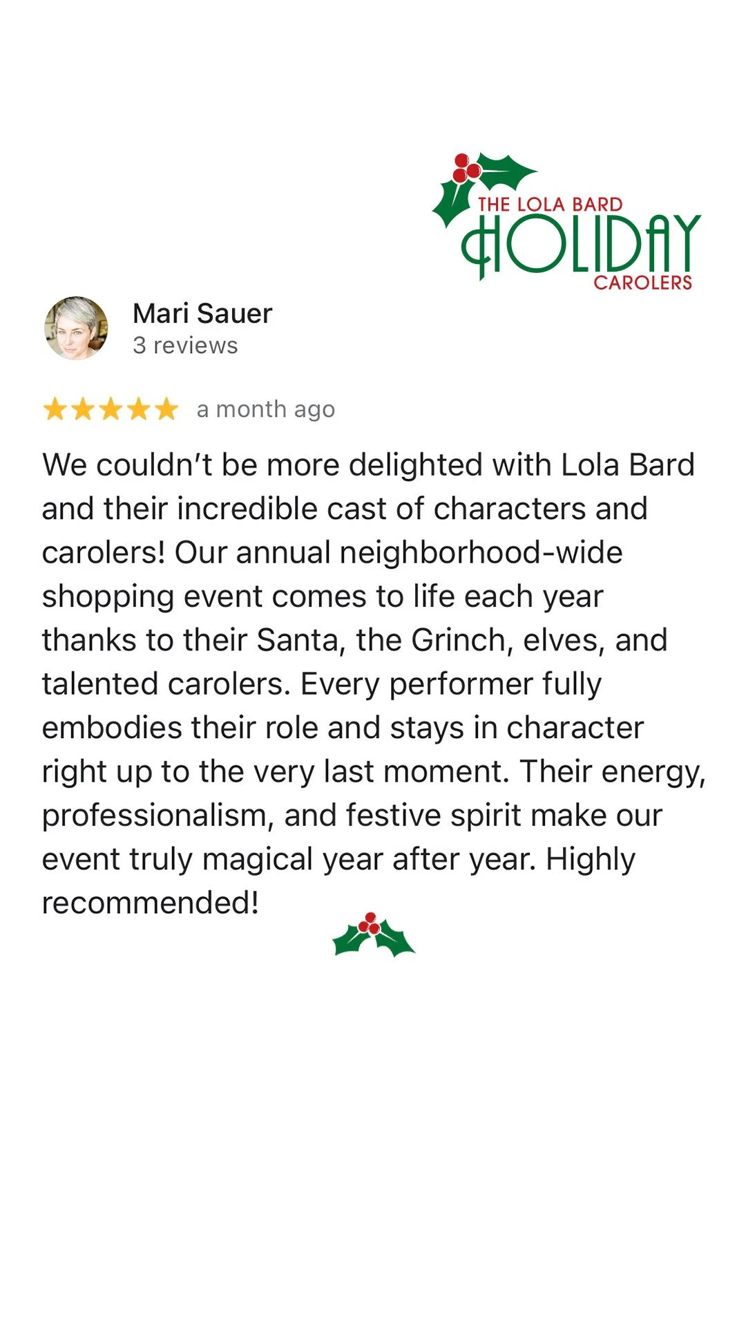 Lola Bard Holiday Entertainment google review neighborhood holiday party