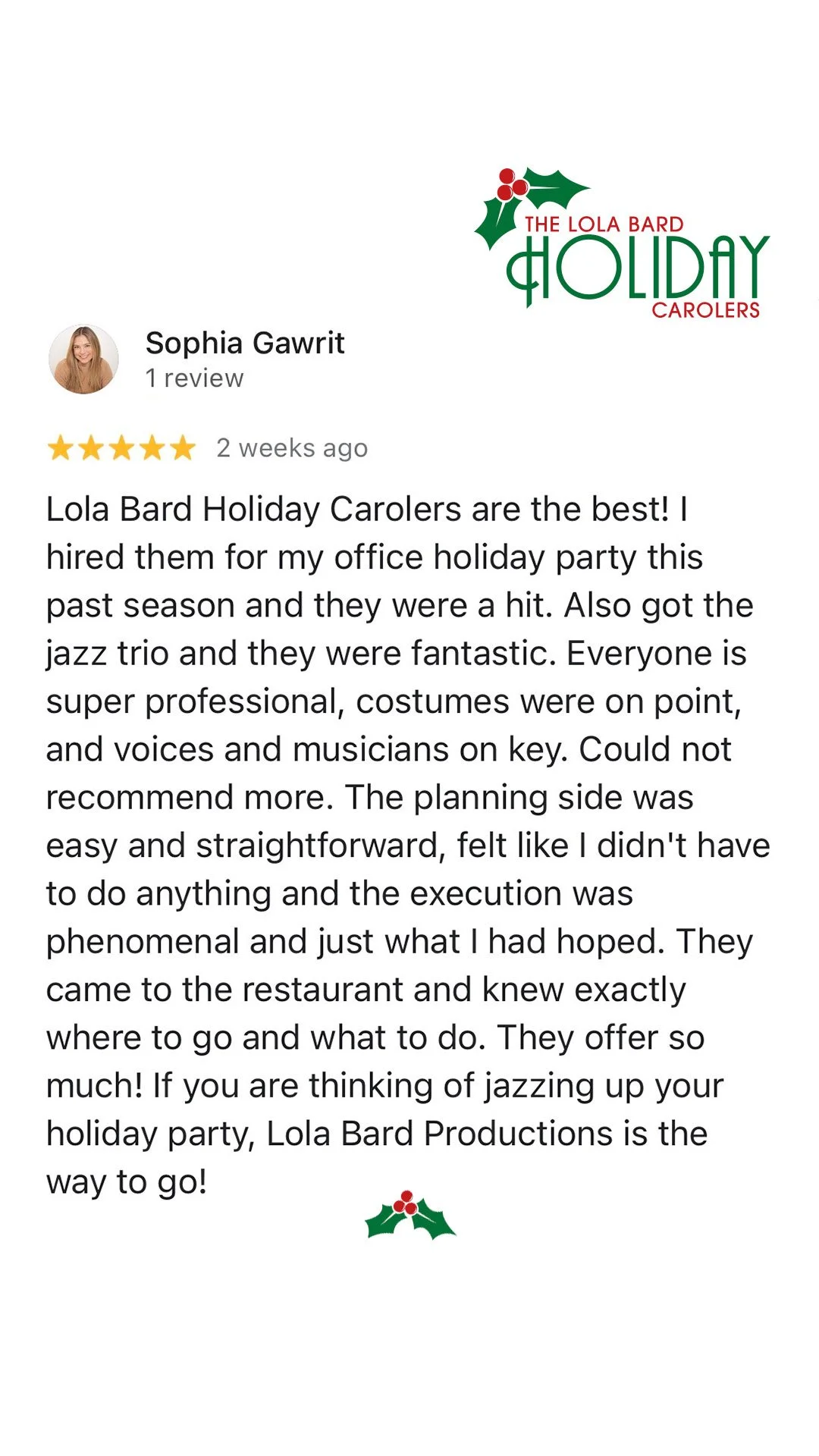 Lola Bard Holiday Entertainment google review office holiday party