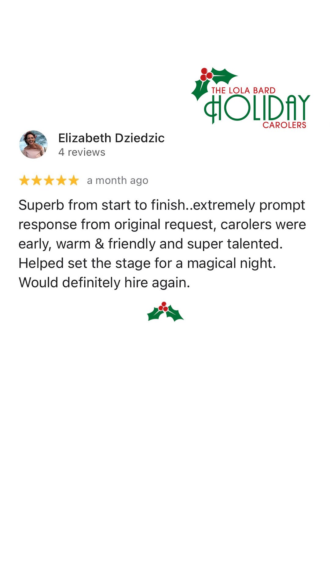 Lola Bard Holiday Entertainment google review holiday party carolers