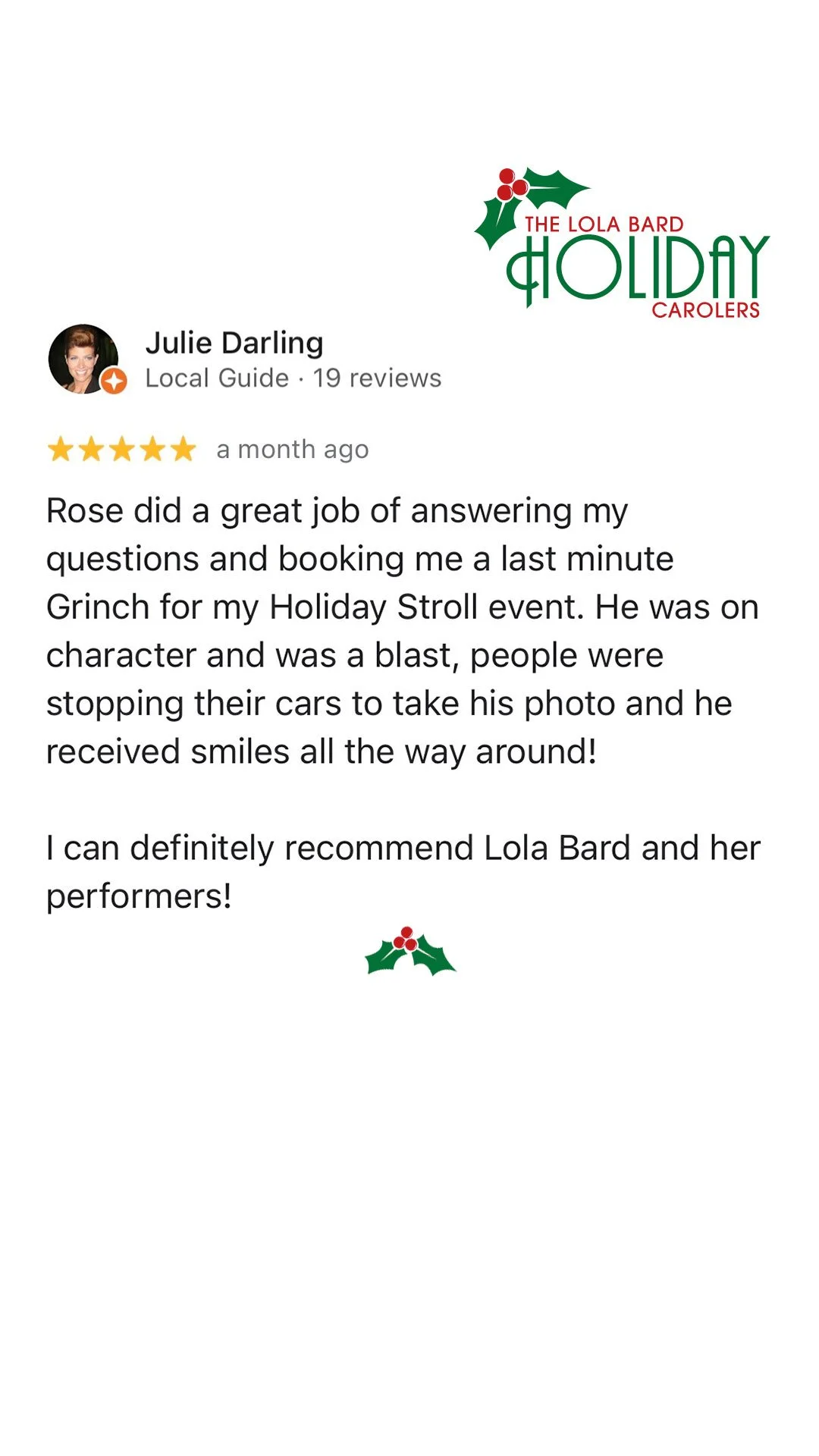 Lola Bard Holiday Entertainment google review holiday party grinch