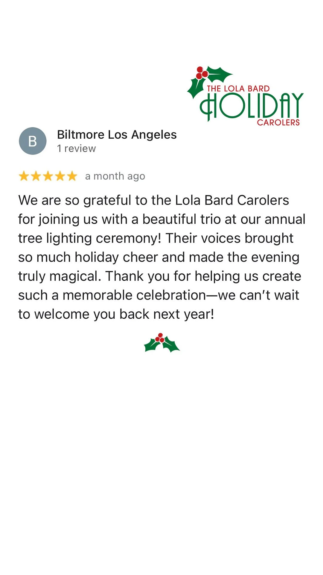 Lola Bard Holiday Entertainment google review holiday tree lighting