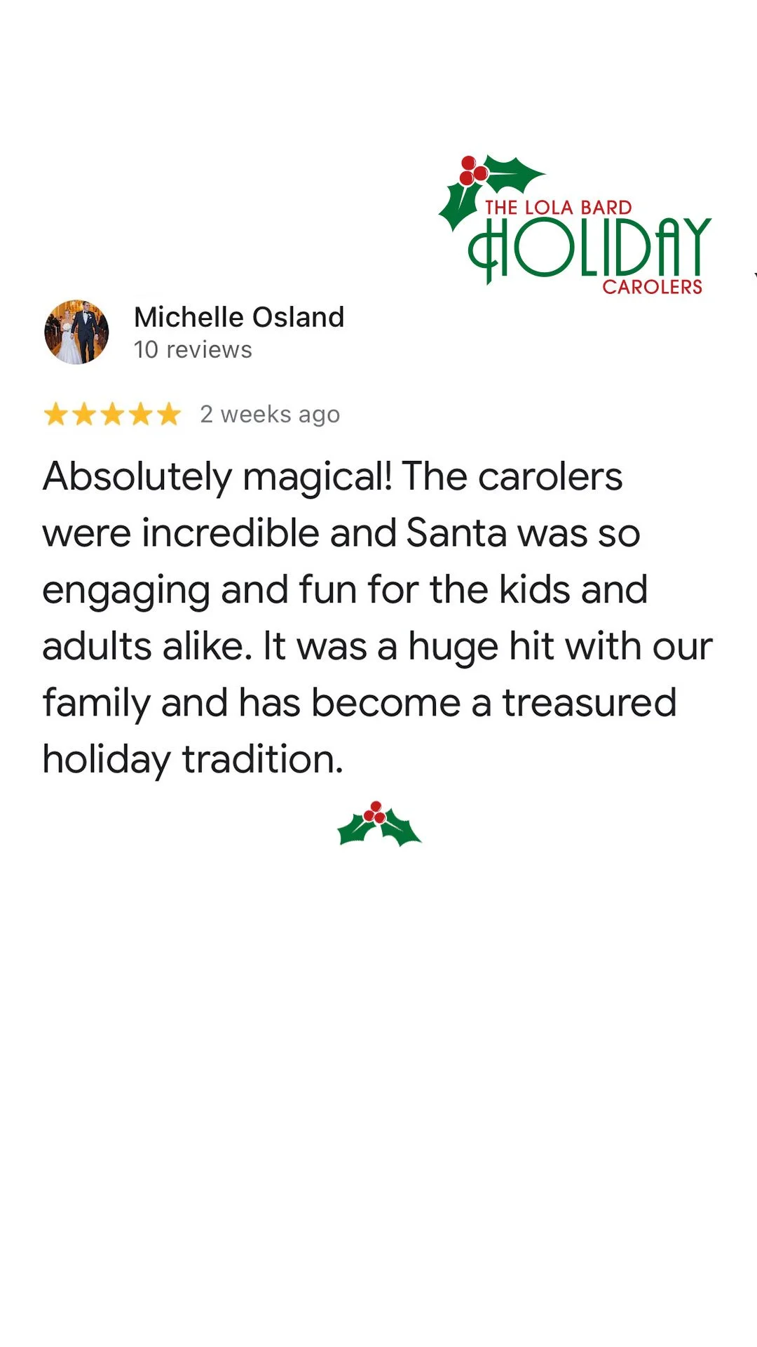 Lola Bard Holiday Entertainment google review holiday party santa