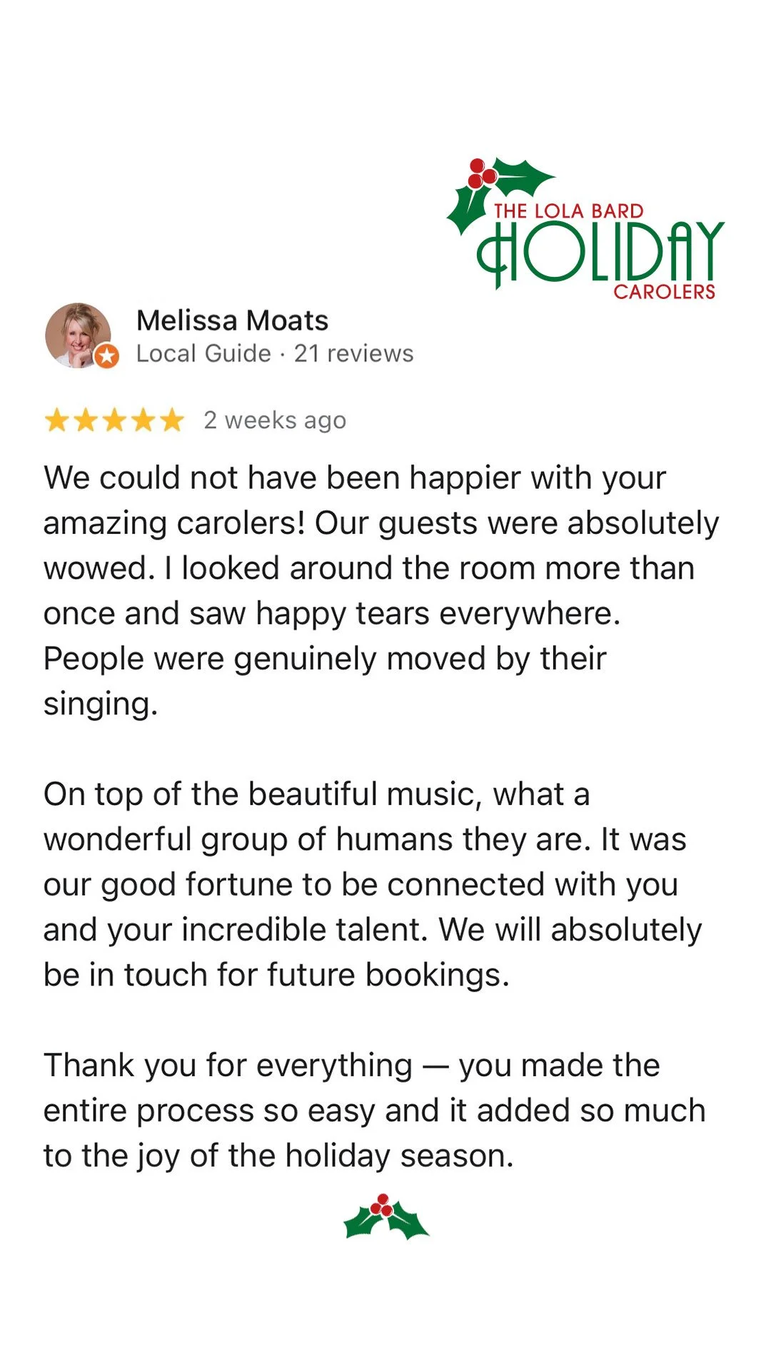 Lola Bard Holiday Entertainment google review holiday party carolers