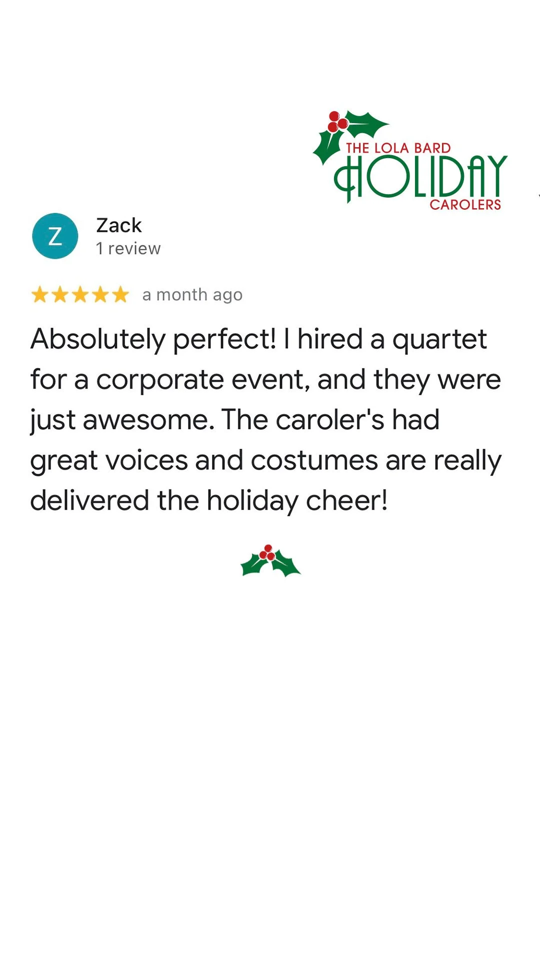 Lola Bard Holiday Entertainment google review corporate holiday party