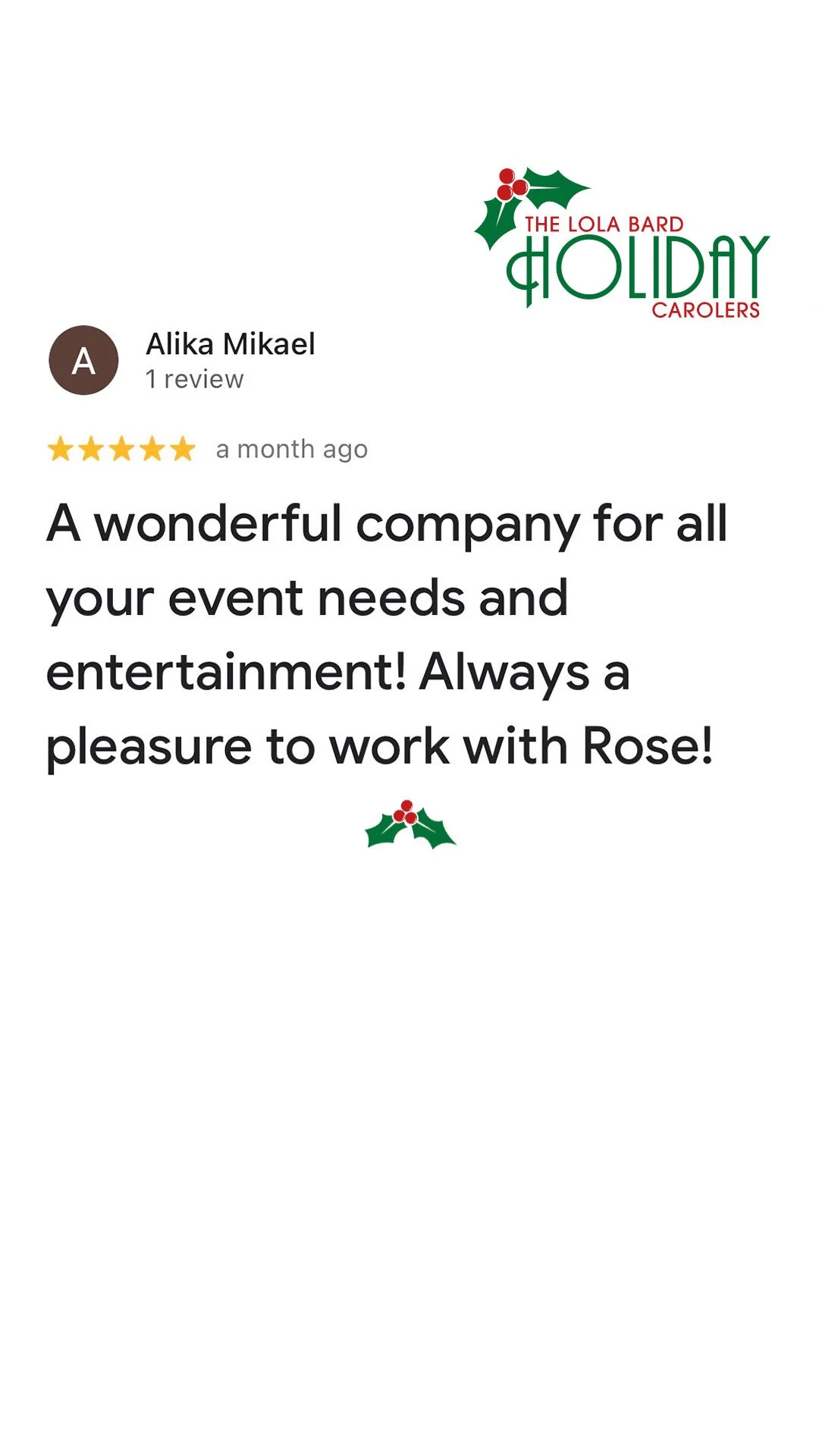 Lola Bard Holiday Entertainment google review holiday event