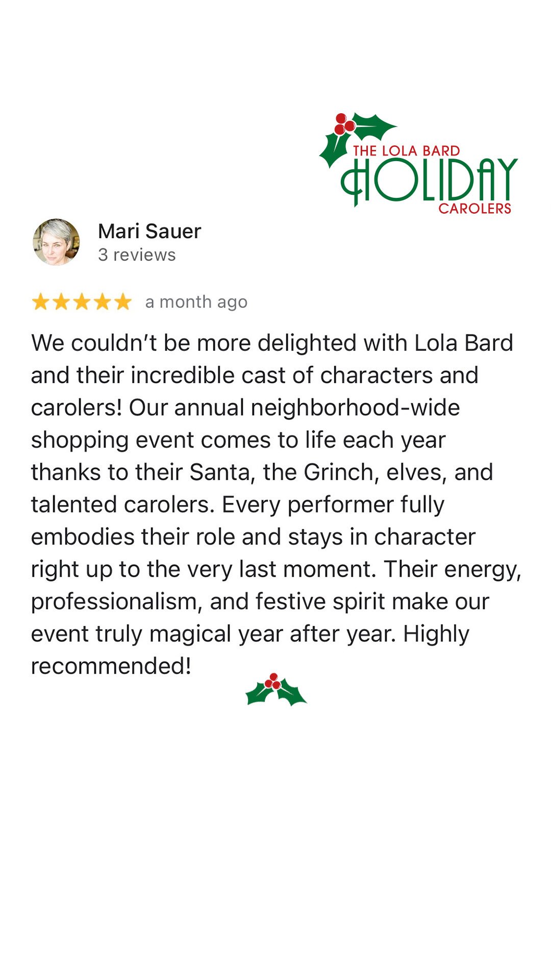 Lola Bard Holiday Entertainment google review neighborhood holiday party