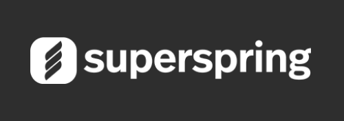 Superspring logo with white text and icon on a dark background.