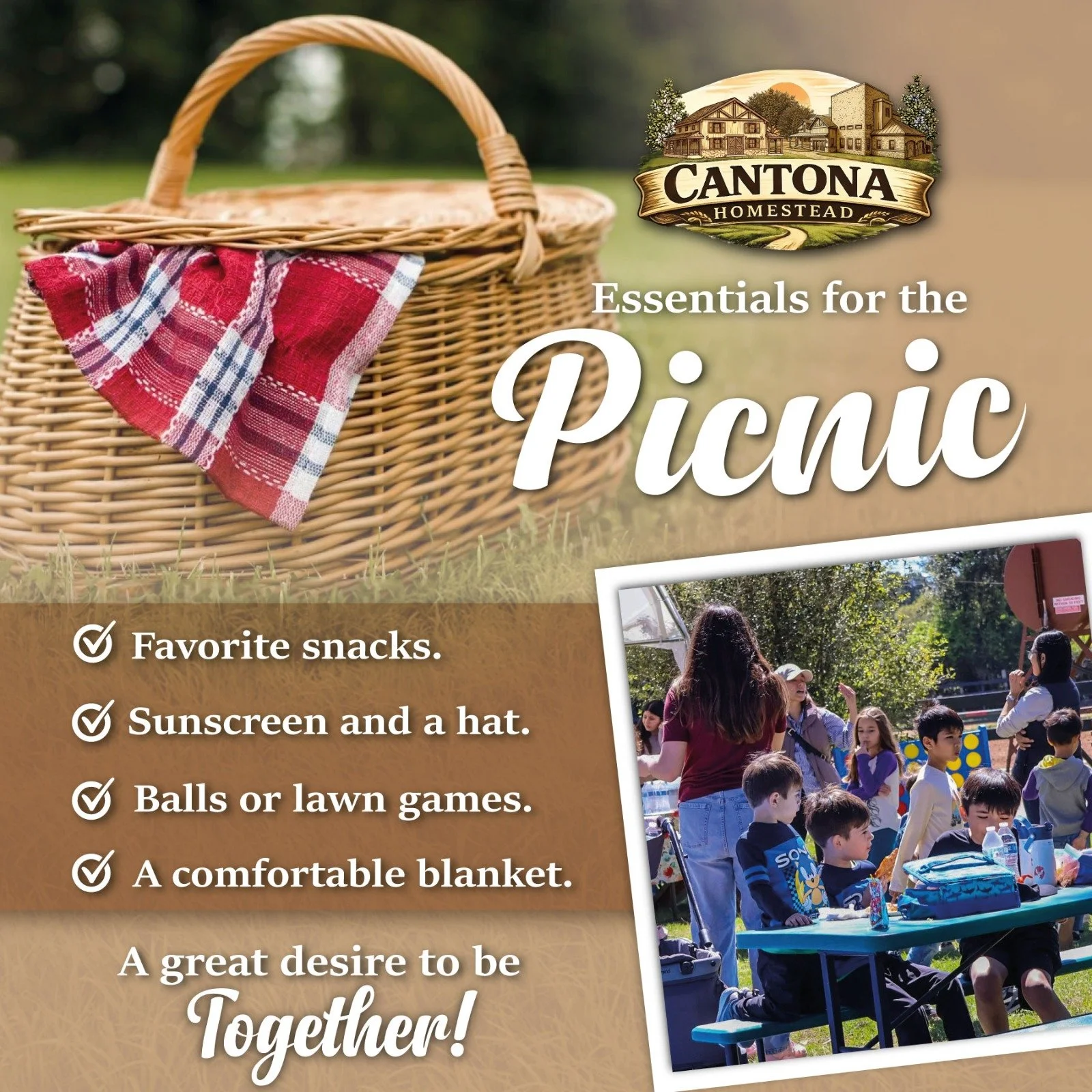 Get your basket ready! 🧺 
For a perfect picnic, you just need your favorite snacks, fun games, and plenty of willingness to share. Here&rsquo;s our list of essentials for your visit. 🍎🎲
#CantonaHomestead #TomballTX #TomballMoms #TheWoodlandsMoms #