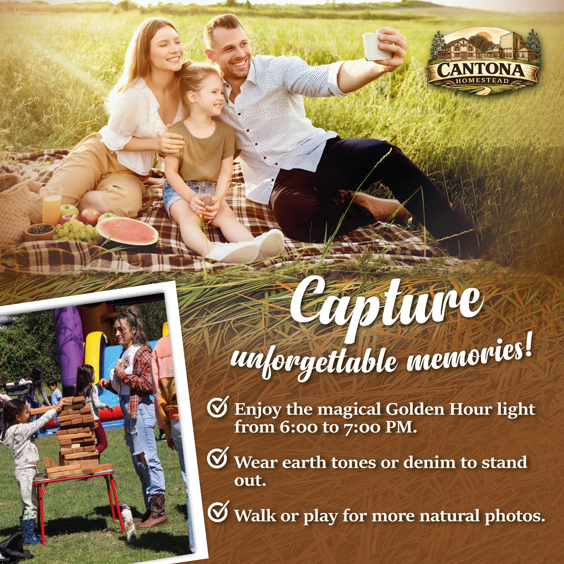 📸✨ Capture unforgettable memories!

Here are a few simple tips to make your photos even more magical during your visit.

Every corner at Cantona Homestead is the perfect backdrop for creating family memories you&rsquo;ll treasure forever. 💛

#Canto