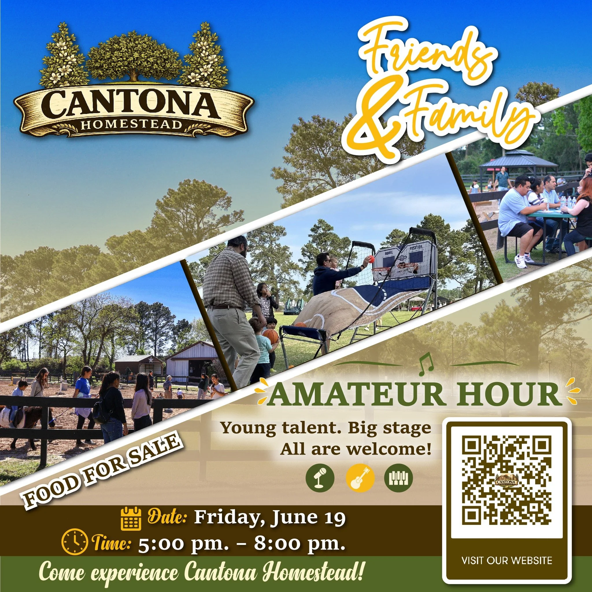 🎶✨ Friends &amp; Family Night is getting even more exciting! ✨🎶

Join us at Cantona Homestead on Friday, June 19 from 5:00 PM to 8:00 PM for an evening filled with family fun, community, and local talent.

🌟 Introducing our Amateur Hour &mdash; a 