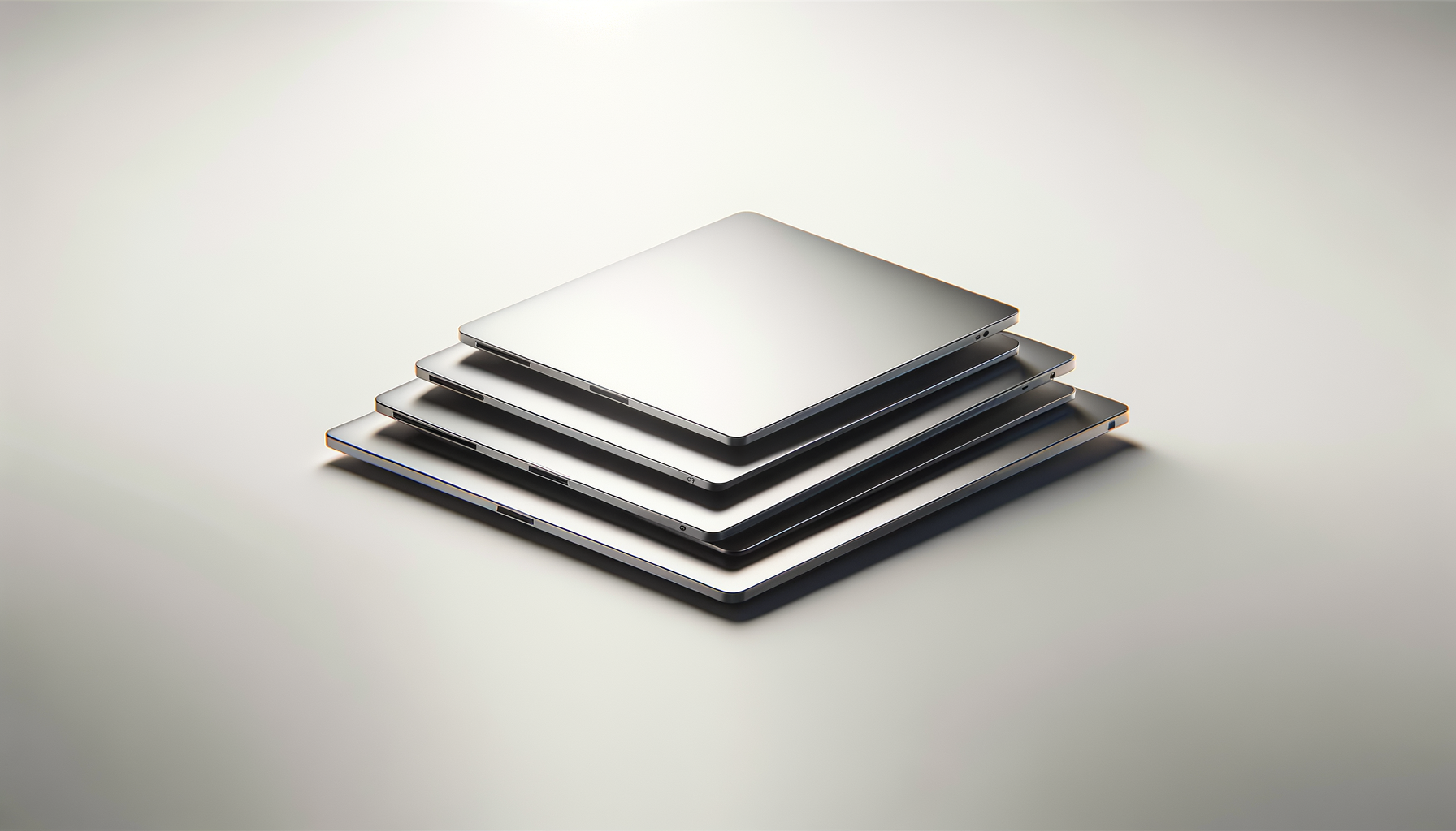 A stack of five closed laptops on a plain white surface.