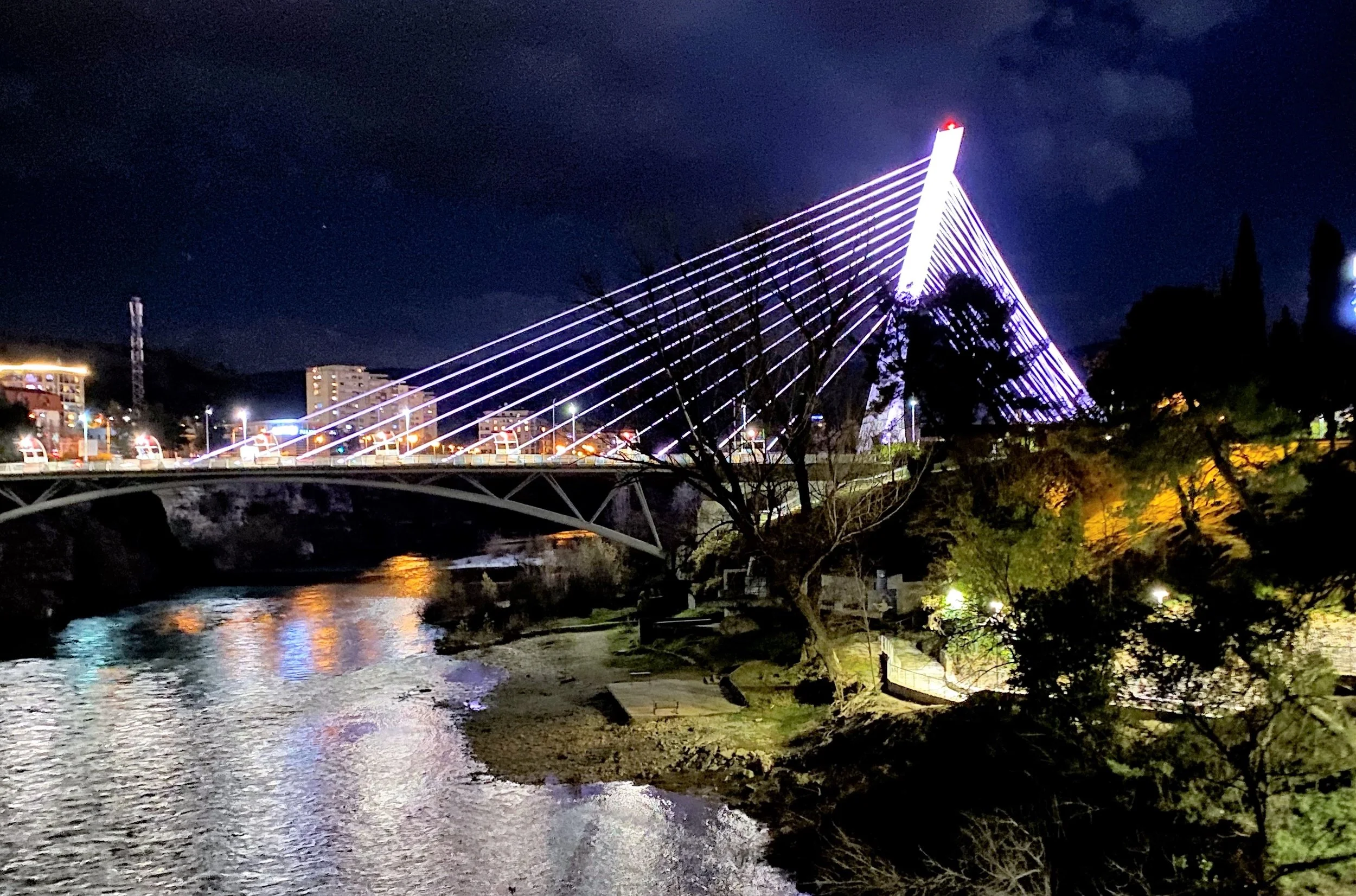 Night view of a modern illuminated cable-stayed bridge with a tall, lit-up pylon over a river, surrounded by trees and city buildings in the background.