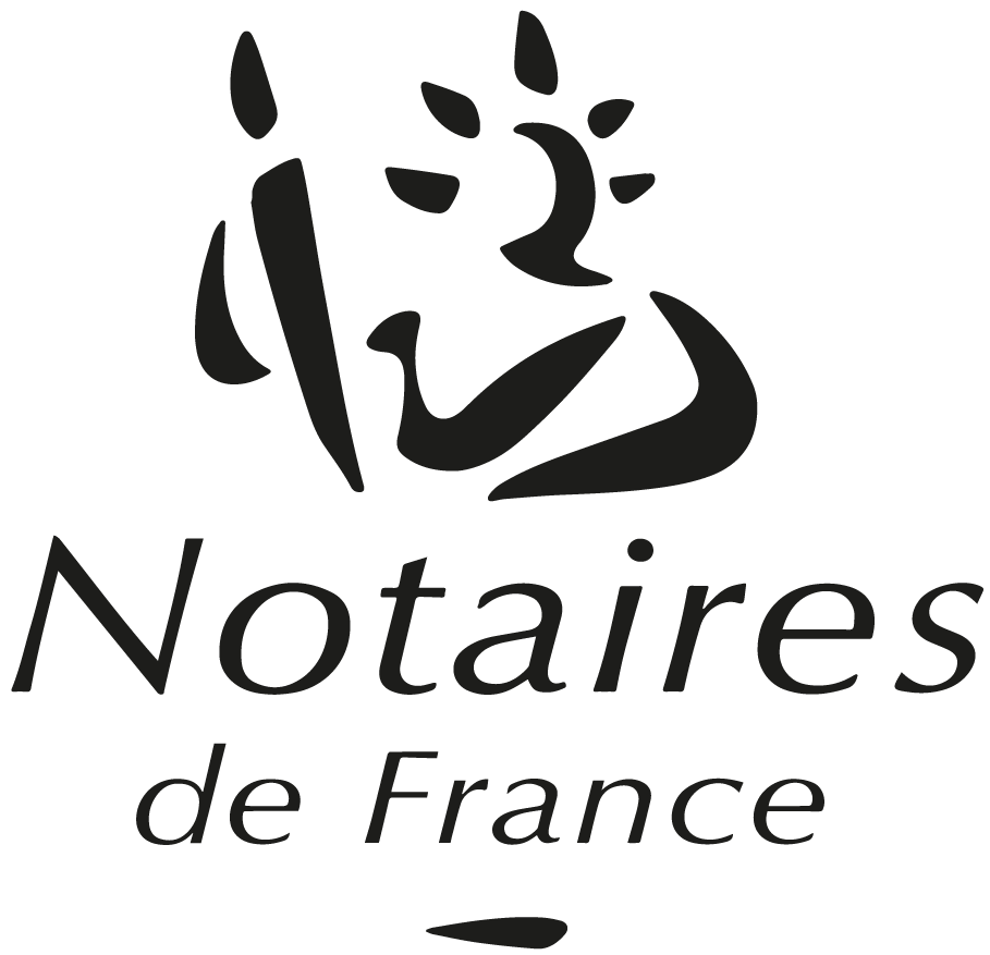 Logo noir avec un stylo et un visage stylisé, avec le texte "Notaires de France".