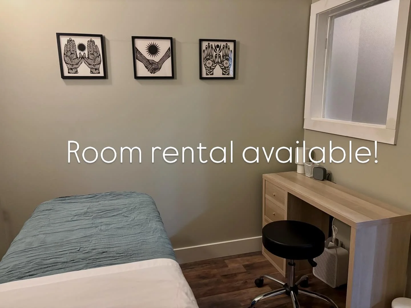 A peaceful place to work, take meetings, or treat clients! This fully furnished room may be set up as a treatment room with massage table or as an office. Rental includes use of WiFi, linens, table warmer, bolsters, speaker, and waiting room with pri