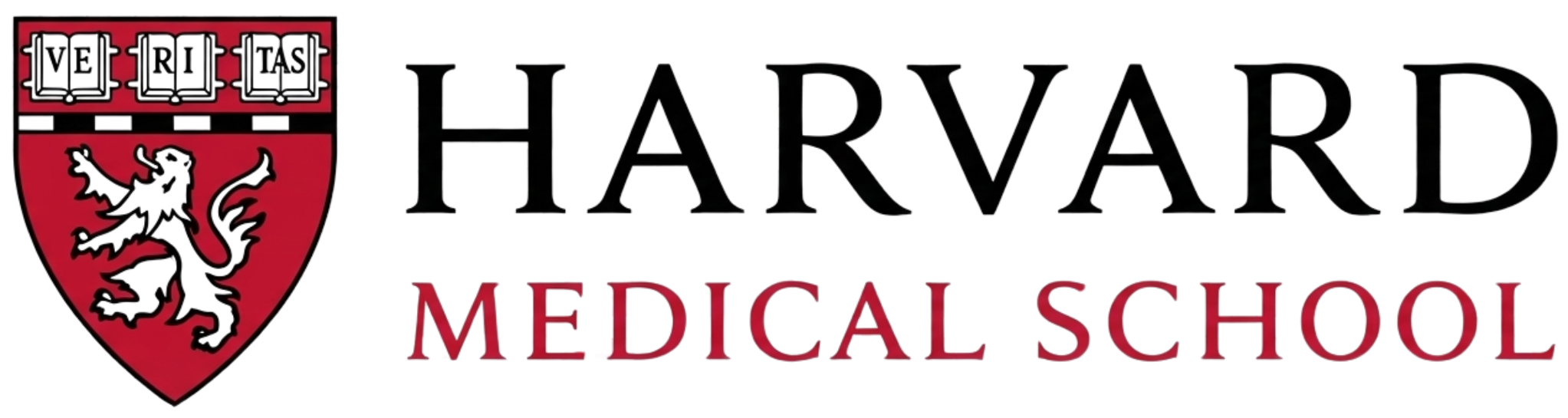 Harvard Medical School logo with a shield featuring a lion, and the words "Harvard Medical School" in black and red text.