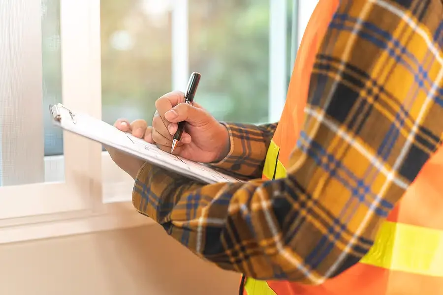 Person in an orange safety vest and plaid shirt writing on a clipboard near a window.
