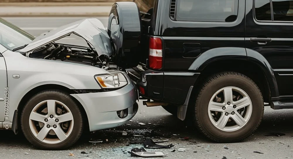 Cars involved in a rear-end collision, with debris on the road