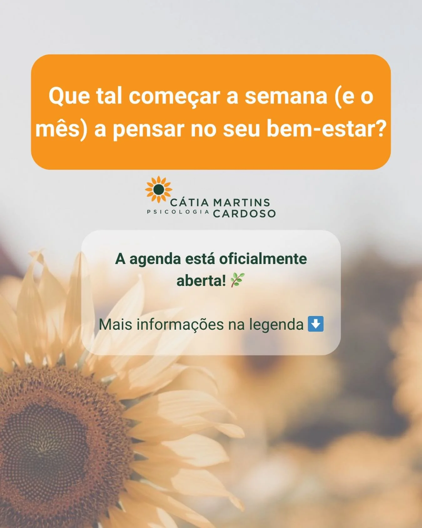A agenda est&aacute; oficialmente aberta! 

Sess&otilde;es de psicologia:
📍 Presencial (Gaia, Espinho, Santa Maria da Feira)
💻 Online
👥 Crian&ccedil;as (> 6 anos), adolescentes e adultos

Para agendar a sua sess&atilde;o:
📩 Mensagem privada
📧