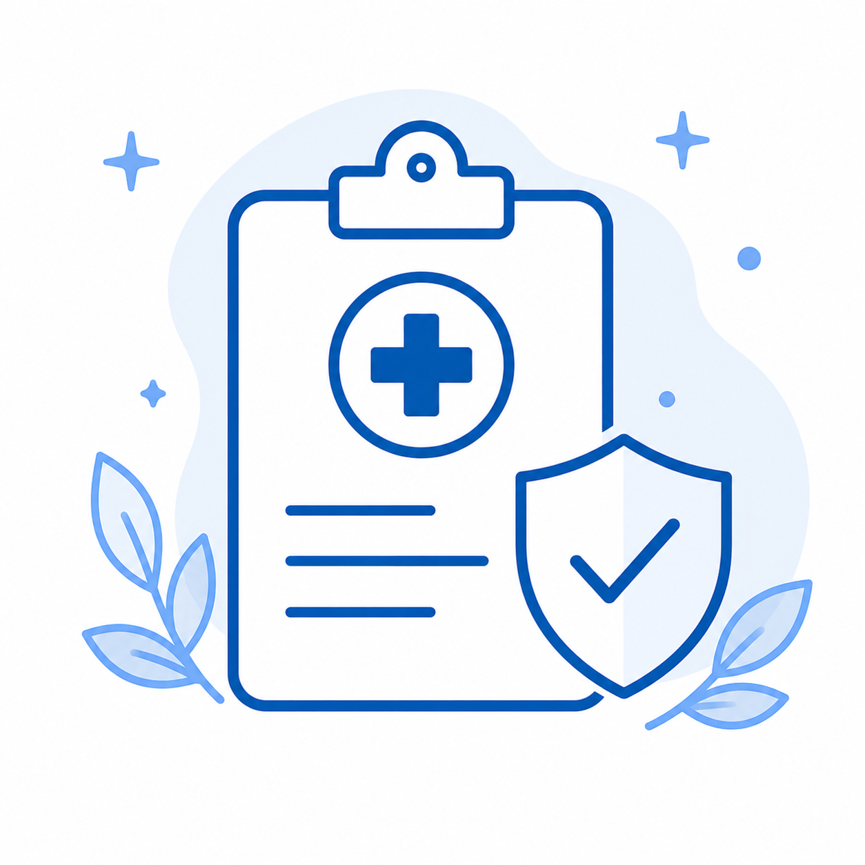 Medical clipboard with a cross symbol and a shield with a checkmark, surrounded by leaves and stars, representing health protection.