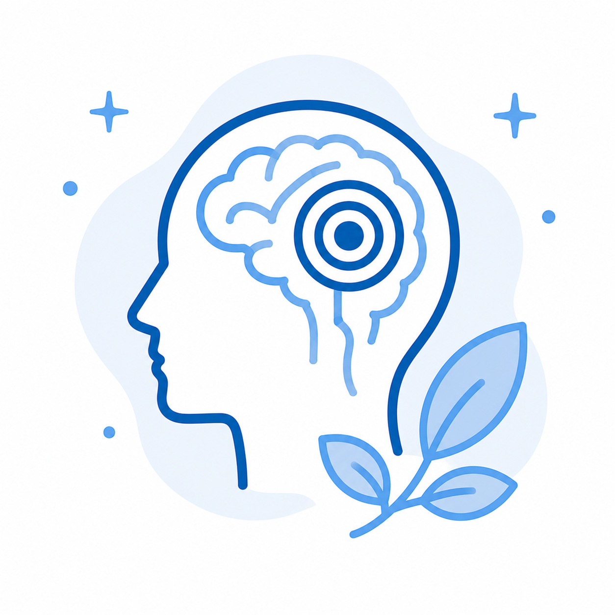 Outline of a human head with a brain and a target symbol inside the brain, surrounded by leaves and stars, symbolizing mental growth and focus.