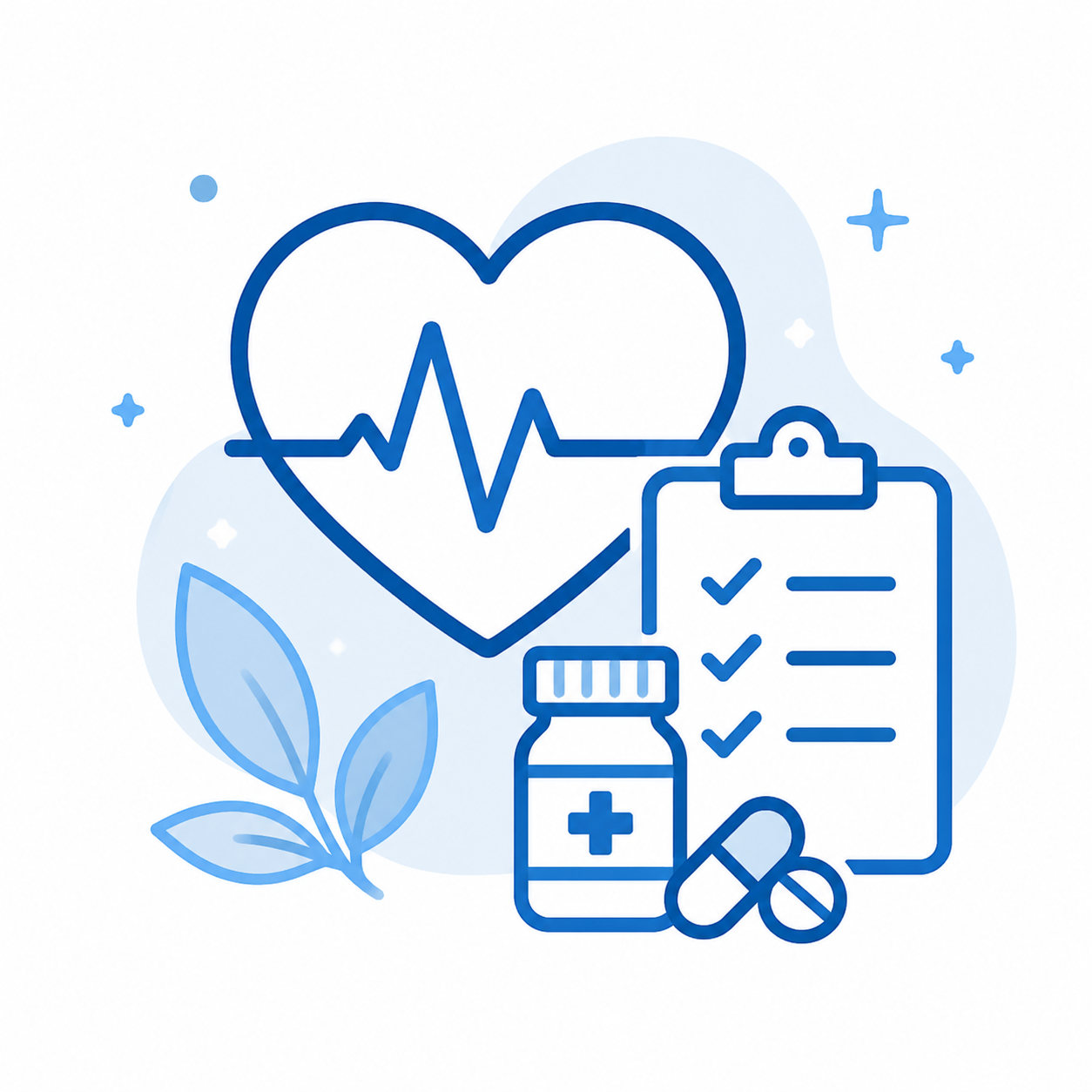 A digital illustration of a healthcare theme, featuring a heart with an electrocardiogram line, a medical checklist on a clipboard, a medicine bottle, and pills, with leaves and stars in the background.