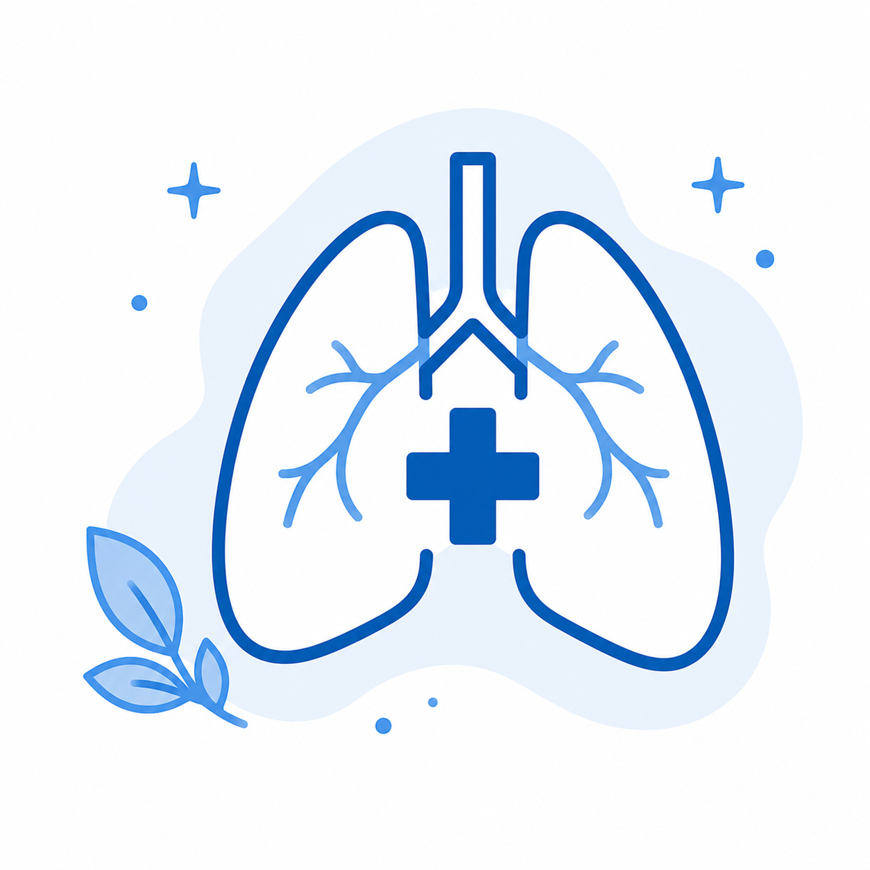Line drawing of human lungs with a medical cross symbol inside, surrounded by small stars and a leaf, in shades of blue.