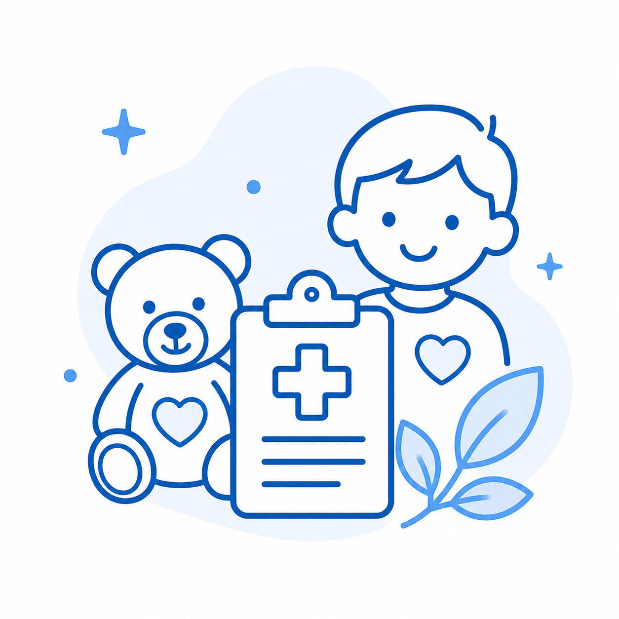A blue line drawing of a child with a heart on their shirt, a teddy bear with a heart on its chest, a medical report with a cross, and some leaves, all surrounded by sparkling stars.