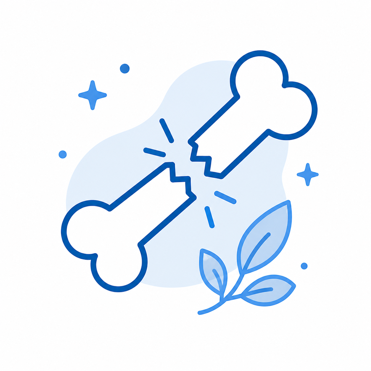 An illustration of a dog bone with a fracture, surrounded by sparkles and leaves.