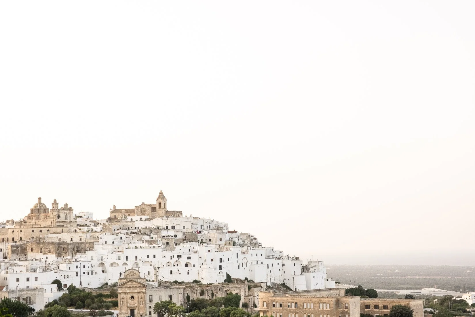 A hillside cityscape with white buildings and historic architecture, overlooking a body of water.