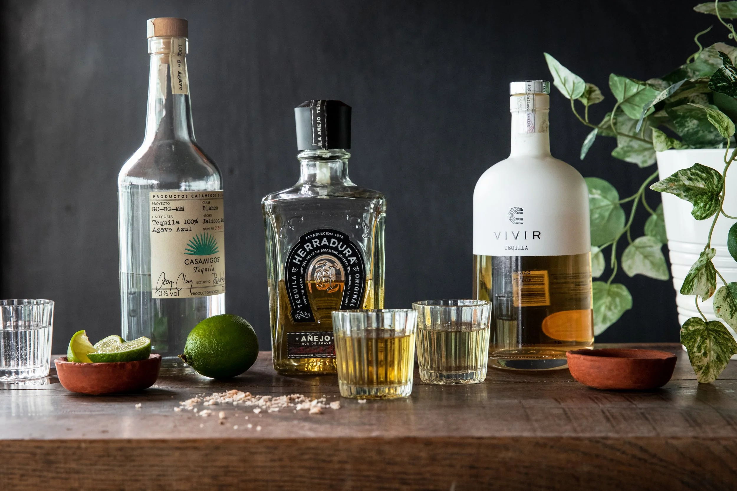 Bottles of tequila, shot glasses filled with tequila, lime, salt, and potted plants on a wooden table against a dark background.